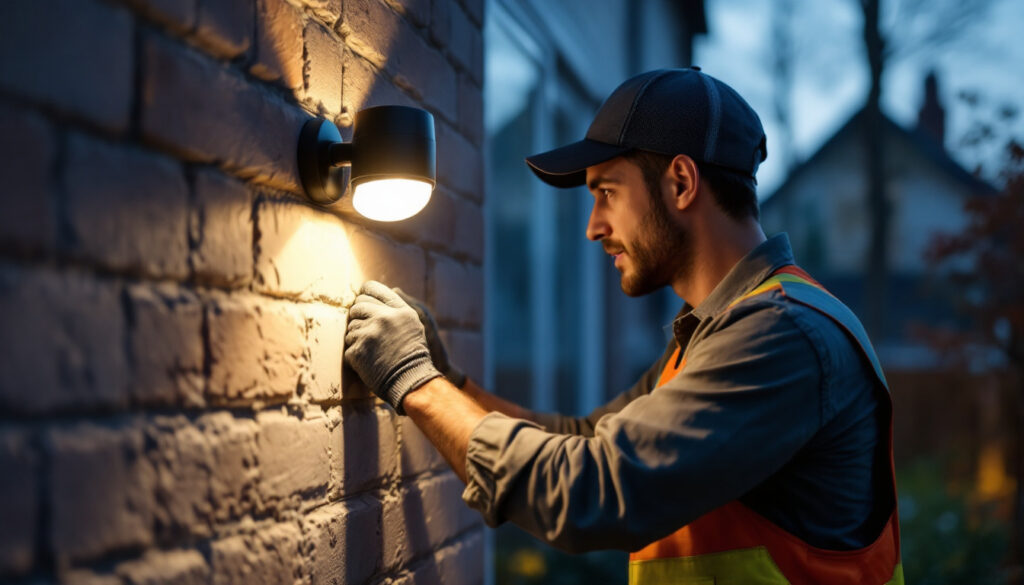 A photograph of a lighting contractor installing an external motion sensor light in a residential or commercial setting