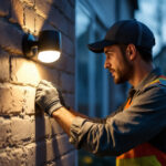 A photograph of a lighting contractor installing an external motion sensor light in a residential or commercial setting
