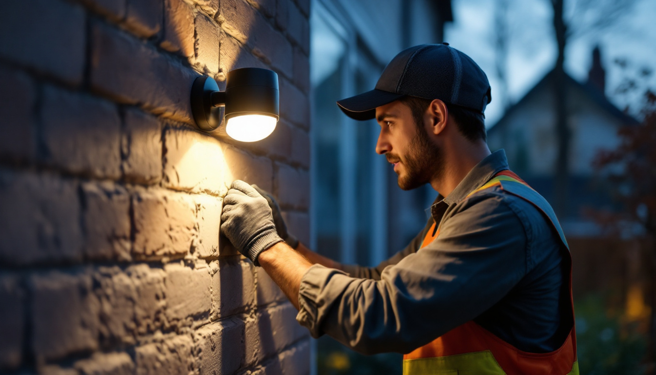 A photograph of a lighting contractor installing an external motion sensor light in a residential or commercial setting