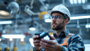 A photograph of a lighting contractor examining or installing a led light transformer