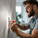 A photograph of a lighting contractor installing a dimmable led switch in a modern home setting
