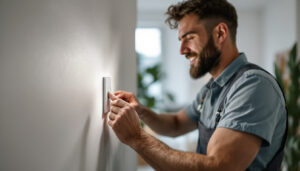 A photograph of a lighting contractor installing a dimmable led switch in a modern home setting