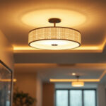 A photograph of a beautifully designed ceiling lamp installed in a modern hall setting