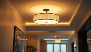 A photograph of a beautifully designed ceiling lamp installed in a modern hall setting