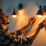 A photograph of a skilled lighting contractor installing stylish wall lights in a modern interior