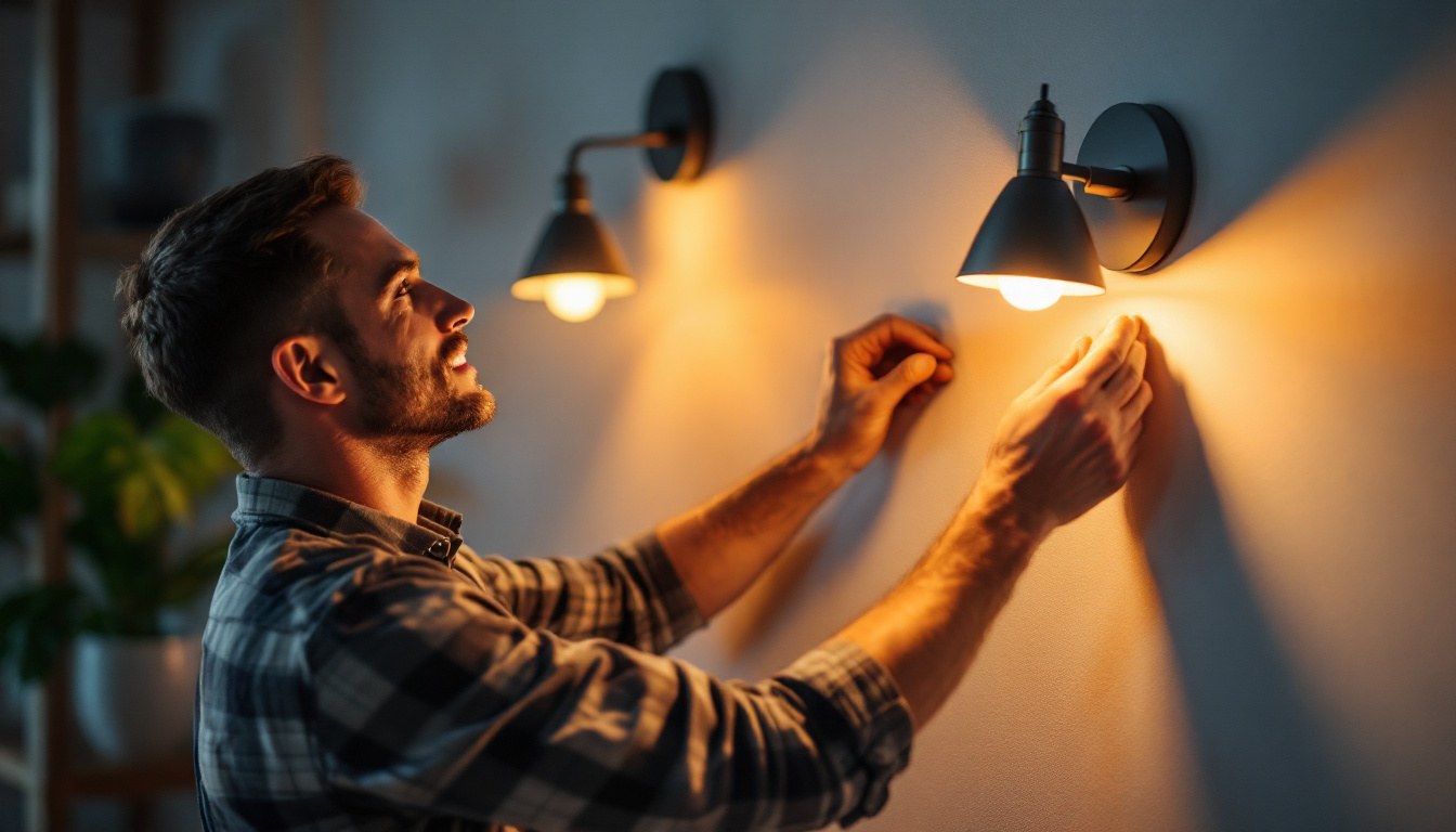 A photograph of a skilled lighting contractor installing stylish wall lights in a modern interior