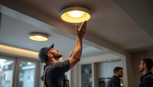 A photograph of a lighting contractor installing recessed downlights in a modern home setting