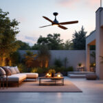 A photograph of a beautifully designed outdoor space featuring an energy-efficient fan and light fixture in action