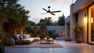 A photograph of a beautifully designed outdoor space featuring an energy-efficient fan and light fixture in action