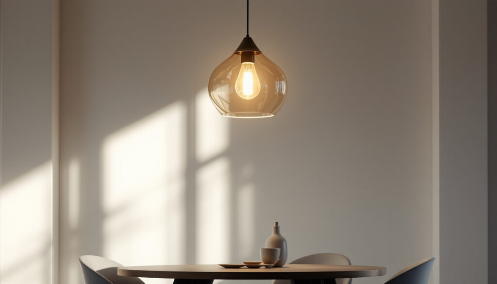 A photograph of a stylish dining area featuring a modern pendant light as the focal point