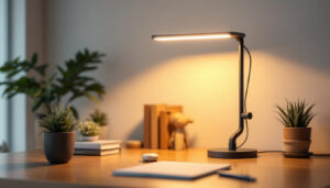 A photograph of a well-designed lamp featuring led side lights in a modern workspace
