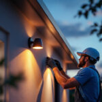 A photograph of a skilled lighting contractor installing stylish outside wall lights on a modern home exterior during twilight
