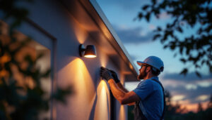 A photograph of a skilled lighting contractor installing stylish outside wall lights on a modern home exterior during twilight