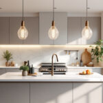 A photograph of a beautifully designed kitchen featuring elegant pendant light fixtures above a central island