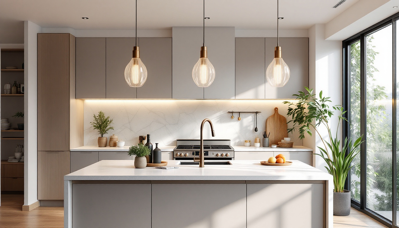 A photograph of a beautifully designed kitchen featuring elegant pendant light fixtures above a central island