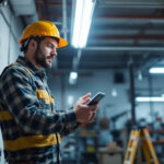 A photograph of a lighting contractor examining a t8 bulb installation in a commercial setting