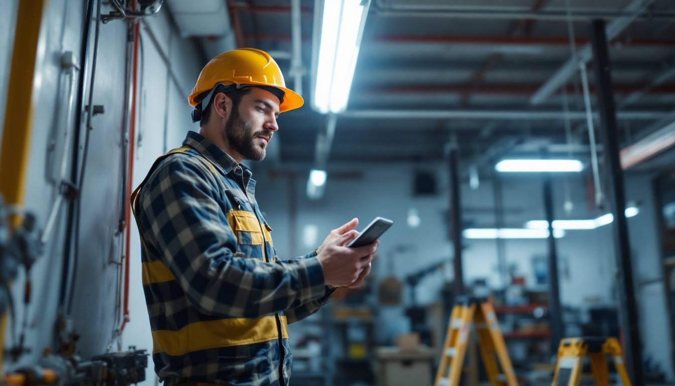 A photograph of a lighting contractor examining a t8 bulb installation in a commercial setting