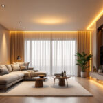 A photograph of a modern living space featuring sleek contemporary recessed lighting fixtures