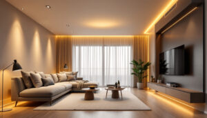 A photograph of a modern living space featuring sleek contemporary recessed lighting fixtures
