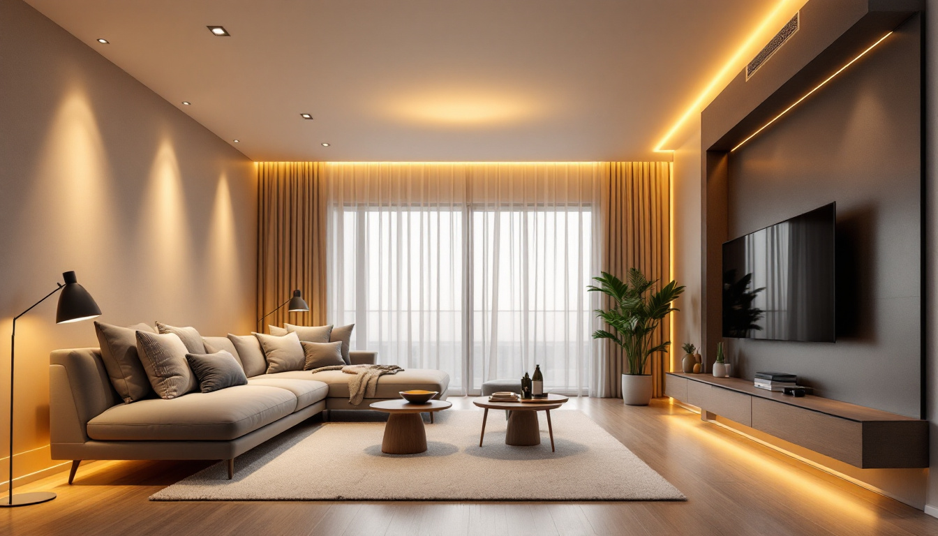 A photograph of a modern living space featuring sleek contemporary recessed lighting fixtures