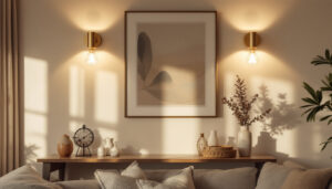 A photograph of a well-designed interior space featuring goosenmeck brass sconces
