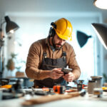 A photograph of a professional lighting contractor in action