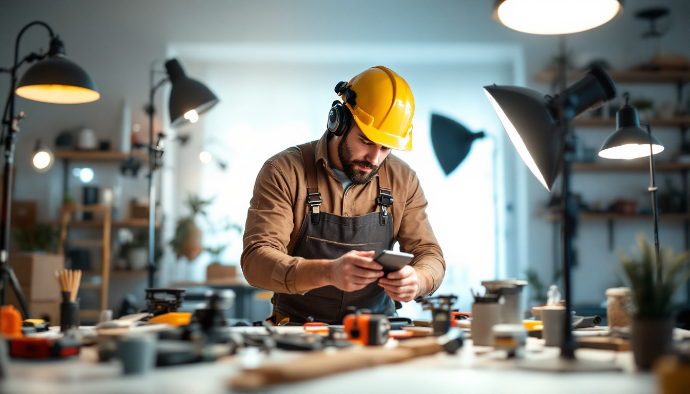A photograph of a professional lighting contractor in action