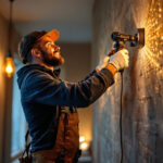 A photograph of a skilled lighting contractor expertly installing energy-efficient led fixtures in a modern residential setting