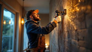A photograph of a skilled lighting contractor expertly installing energy-efficient led fixtures in a modern residential setting