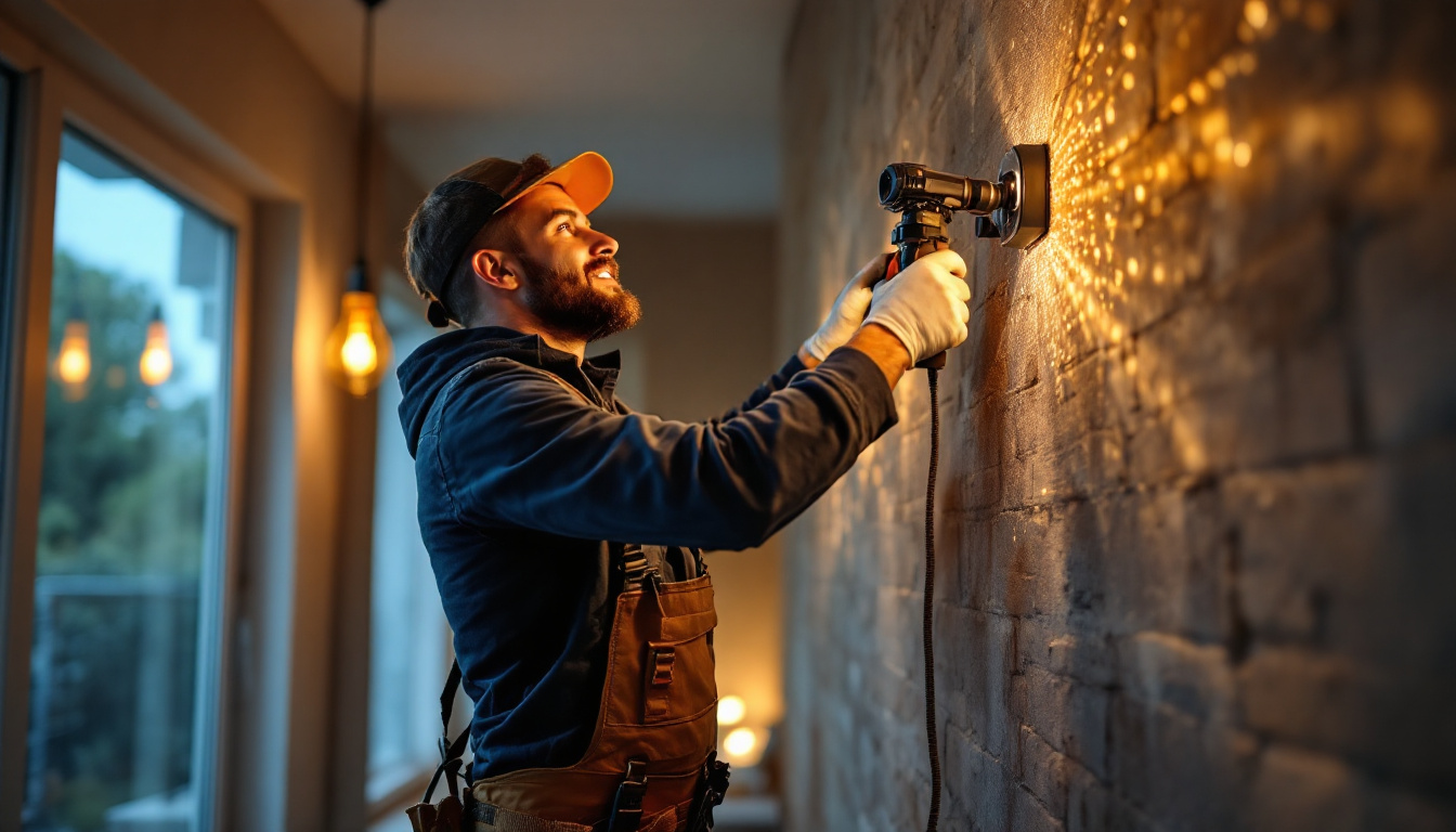 A photograph of a skilled lighting contractor expertly installing energy-efficient led fixtures in a modern residential setting