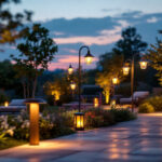 A photograph of a well-designed outdoor lighting setup showcasing various styles of lamps illuminating a beautifully landscaped garden or patio
