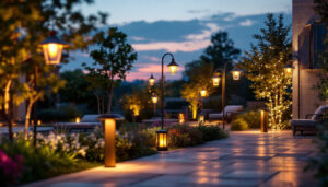 A photograph of a well-designed outdoor lighting setup showcasing various styles of lamps illuminating a beautifully landscaped garden or patio