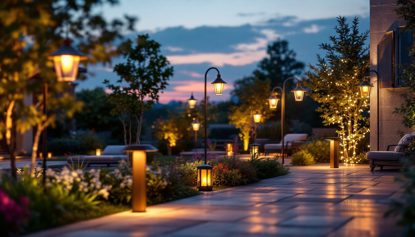 A photograph of a well-designed outdoor lighting setup showcasing various styles of lamps illuminating a beautifully landscaped garden or patio