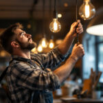 A photograph of a skilled lighting contractor expertly installing led hanging lights in a stylish commercial space