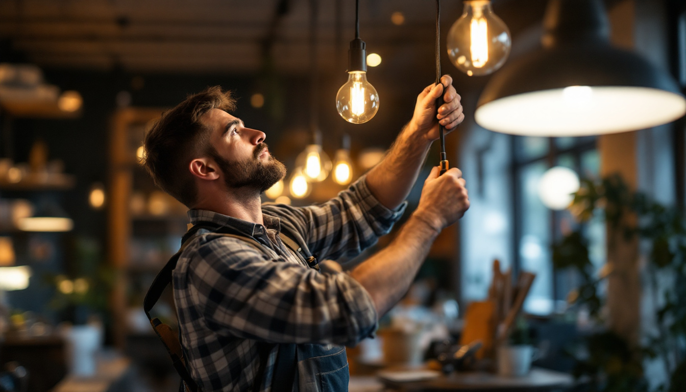 A photograph of a skilled lighting contractor expertly installing led hanging lights in a stylish commercial space