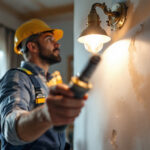 A photograph of a lighting contractor examining a poorly installed indoor light fixture