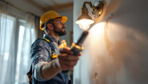 A photograph of a lighting contractor examining a poorly installed indoor light fixture