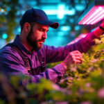 A photograph of a lighting contractor installing or adjusting led grow lights in a vibrant indoor garden or greenhouse setting