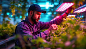 A photograph of a lighting contractor installing or adjusting led grow lights in a vibrant indoor garden or greenhouse setting