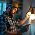 A photograph of a lighting contractor in action