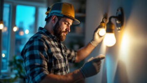 A photograph of a lighting contractor in action