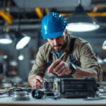 A photograph of a lighting contractor examining or installing a ballast in a well-lit workspace
