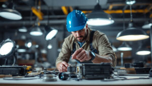 A photograph of a lighting contractor examining or installing a ballast in a well-lit workspace