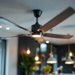 A photograph of a stylish commercial ceiling fan installed in a well-lit