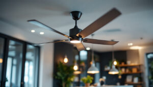 A photograph of a stylish commercial ceiling fan installed in a well-lit