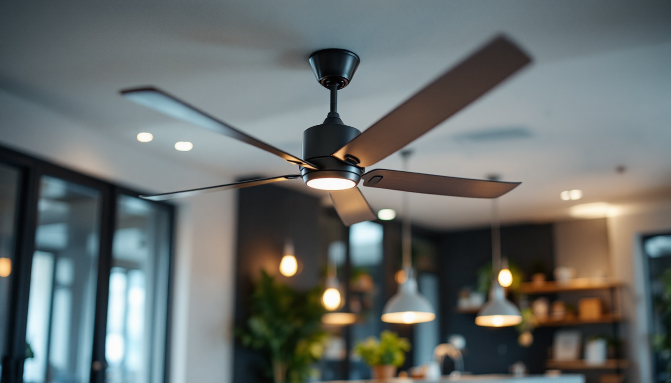 A photograph of a stylish commercial ceiling fan installed in a well-lit