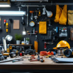 A photograph of a well-organized workspace featuring a variety of essential lighting tools and equipment