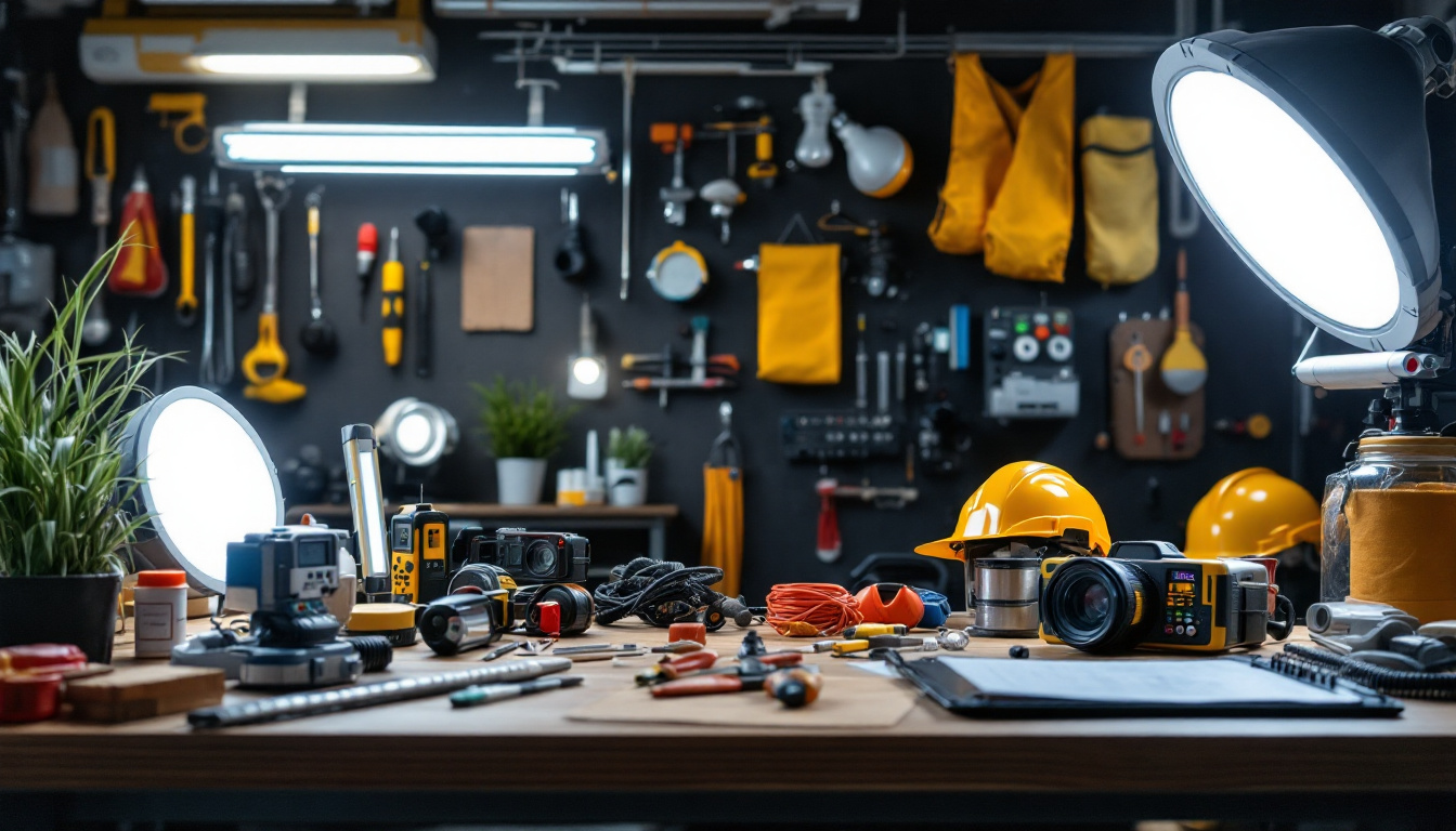 A photograph of a well-organized workspace featuring a variety of essential lighting tools and equipment