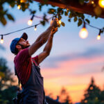 A photograph of a lighting contractor skillfully installing vibrant string led lights in an outdoor setting