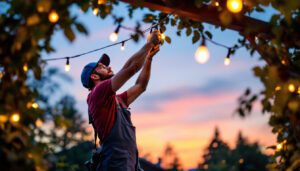 A photograph of a lighting contractor skillfully installing vibrant string led lights in an outdoor setting